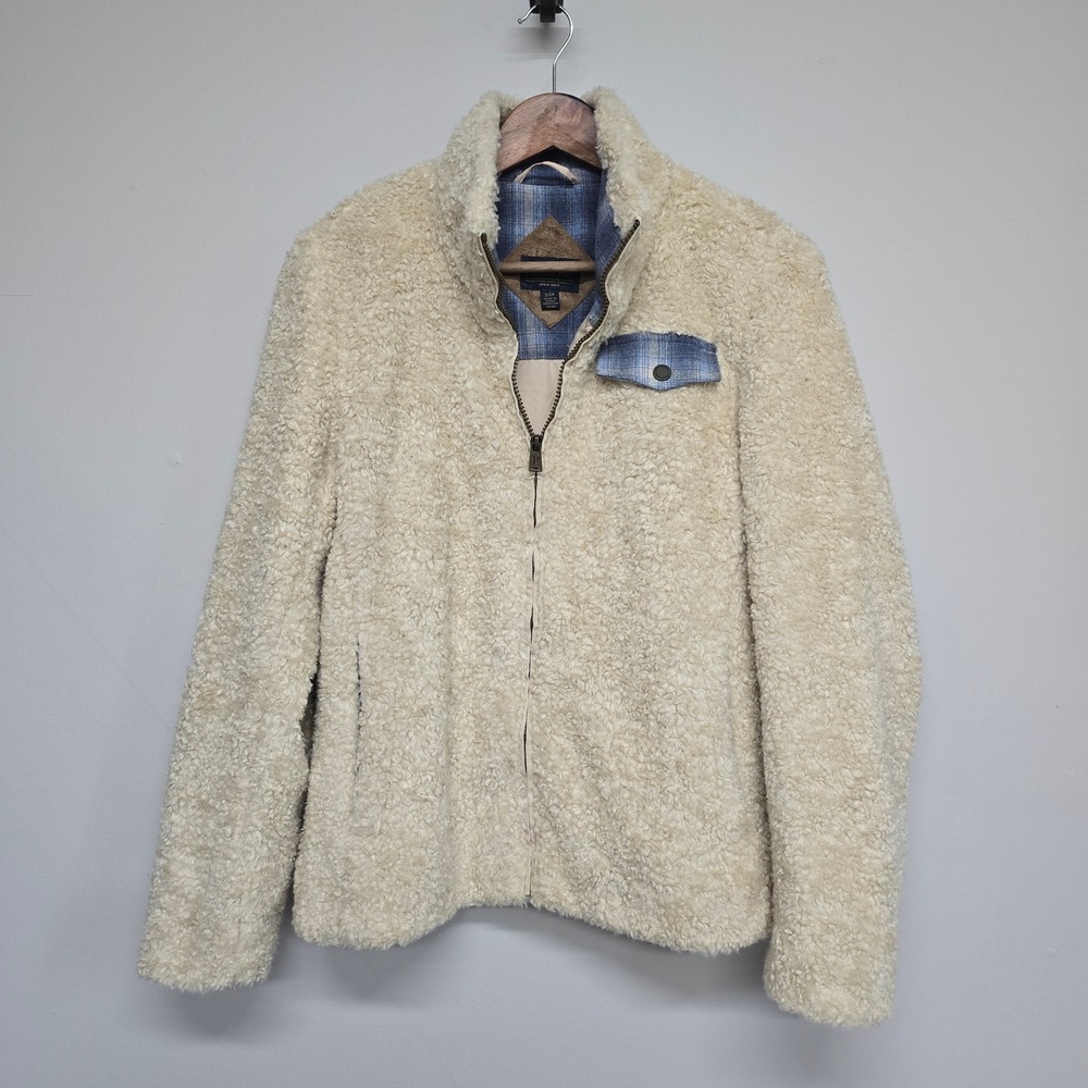 Pendleton Sherpa Fleece Jacket Womens S Ivory Acrylic Plaid Wool Trim Full Zip